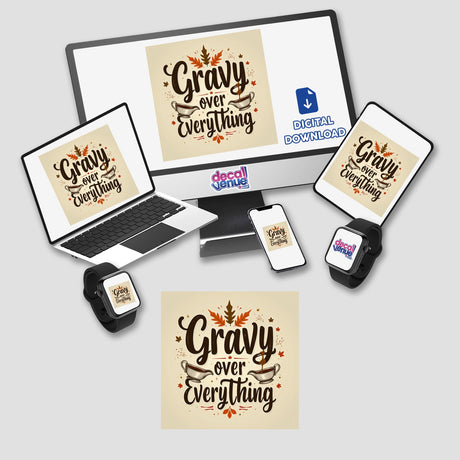 Everything Thanksgiving Sticker or Clipart with Commercial Rights features a laptop, smart watch, and cellphone, highlighting digital artwork available at Decal Venue, known for unique stickers and digital art.