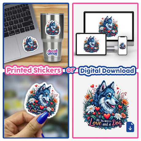 Collage of Love and a Dog stickers, featuring a whimsical blue dog with white and black fur, adorned with flowers and hearts, displayed on various items like a cup and laptop.