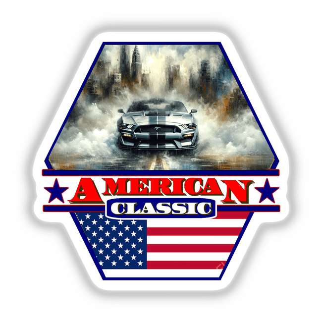 Ford Mustang American Classic Patriotic theme sticker featuring a car with smoke, emblematic logos, and a flag motif, available as stickers or digital artwork from Decal Venue.