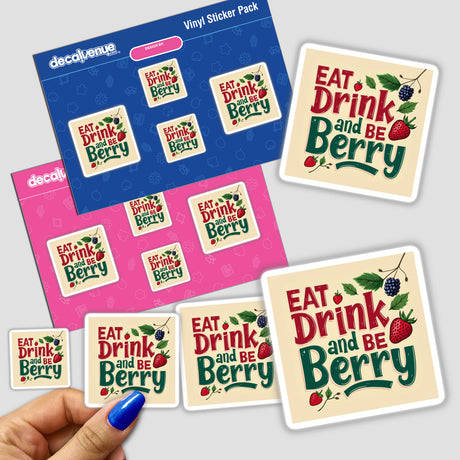 Eat, Drink, and Be Berry Thanksgiving Sticker & Clipart pack held in hand, featuring various stickers with text and designs, available for commercial use at Decal Venue.