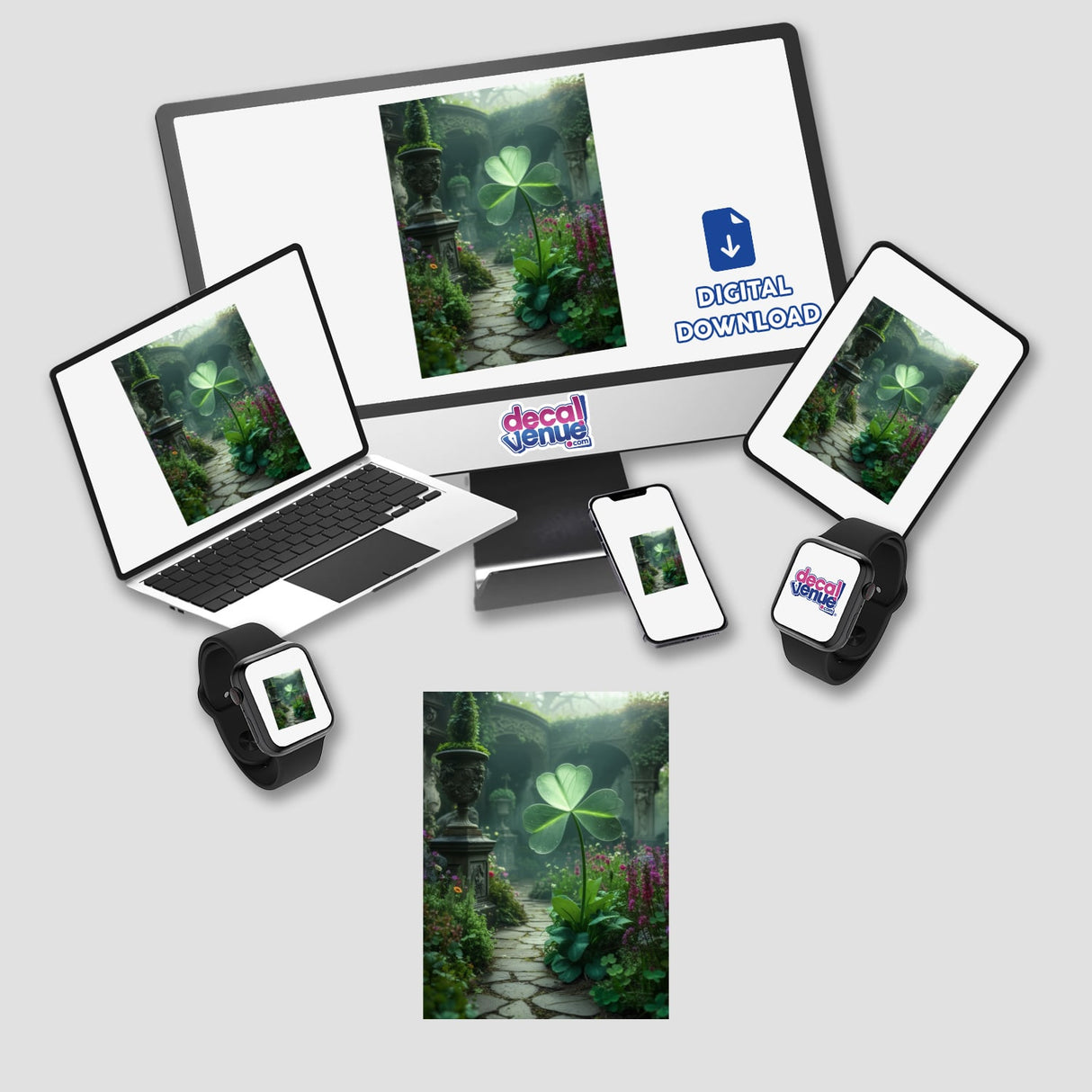 Mystical Shamrock – Dew-Kissed Clover in an Enchanted Garden displayed on a laptop and monitor, showcasing vibrant digital artwork available from Decal Venue as stickers or digital art.