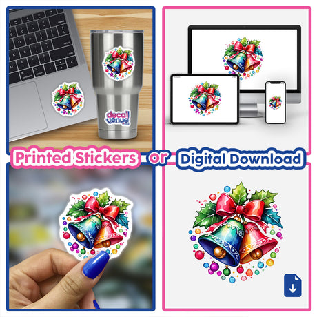 Jingle Bells with Holly: Festive Sticker, depicted on a laptop and held in hand, showcasing vibrant holiday bells with a bow. Available as stickers or digital artwork from Decal Venue.