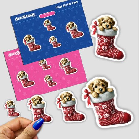 Sticker pack featuring a puppy peeking out of a Christmas stocking, available as stickers or digital artwork.