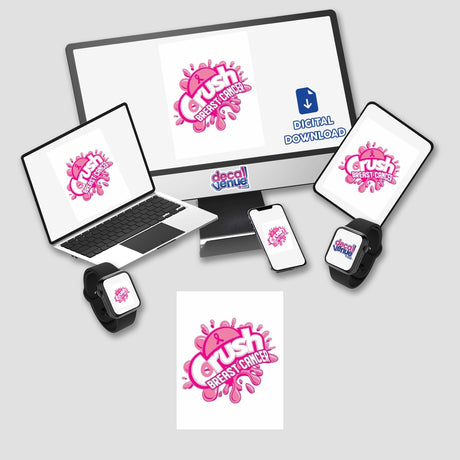 Crush Breast Cancer stickers or digital artwork featuring a computer monitor and laptop with a breast cancer awareness logo on the screen.