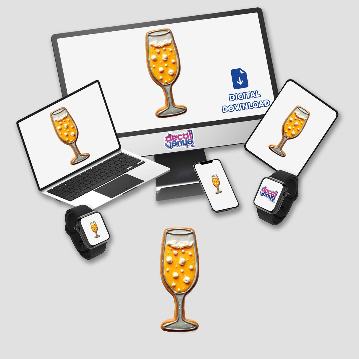 Champagne Glass Shaped Cookie with Bubbly Details for New Year, displayed on a computer monitor and laptop, available as stickers or digital artwork.