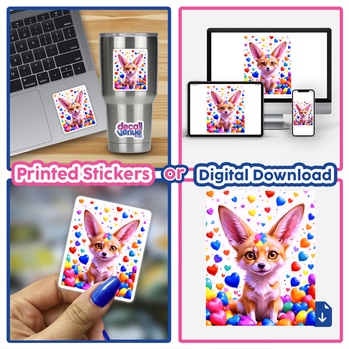 A collage featuring A Cute Fennec Fox With Love Hearts sticker on a laptop, showcasing a whimsical design ideal for vinyl stickers or digital artwork from Decal Venue.