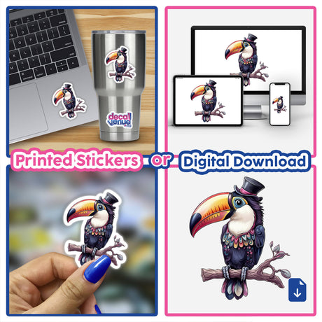 Elegant Toucan with a Colorful Beak and Stylish Top Hat sticker displayed on a laptop, showcasing a whimsical toucan design perfect for personalizing devices with unique vinyl art.