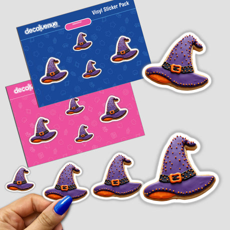 Hand holding a sticker of a witch hat-shaped Halloween cookie, available as stickers or digital artwork from Decal Venue.