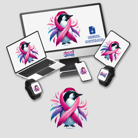 Penguin Pink Ribbon Breast Cancer sticker or digital artwork showing a computer monitor and laptop with a pink ribbon on the screen.