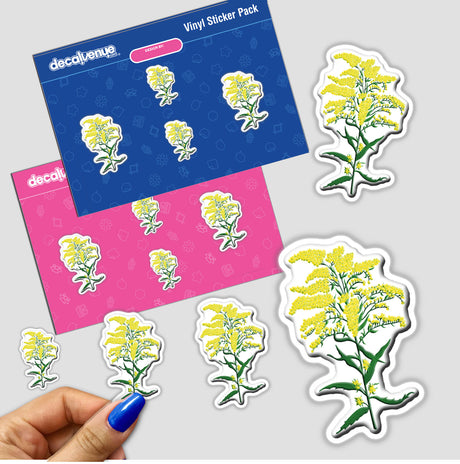 American Wild Flowers sticker pack featuring hand-drawn yellow floral designs, with a close-up of a hand displaying the vibrant collection, available as stickers or digital artwork.