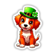 St. Patrick's Day Puppy cartoon features a dog in a green leprechaun hat with a clover, ideal for unique stickers or digital art from Decal Venue.