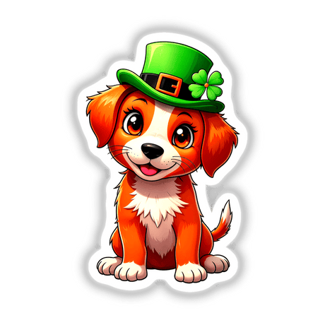 St. Patrick's Day Puppy cartoon features a dog in a green leprechaun hat with a clover, ideal for unique stickers or digital art from Decal Venue.