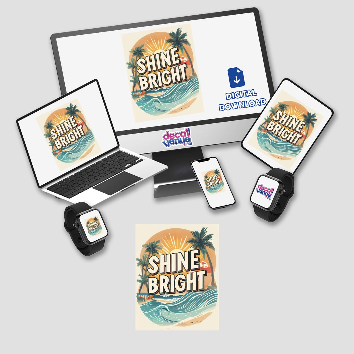 Retro Tropical ‘Shine Bright’ Beach Scene sticker featuring palm trees and ocean waves, displayed on a computer monitor and laptop, ideal for digital artwork or vinyl sticker enthusiasts.