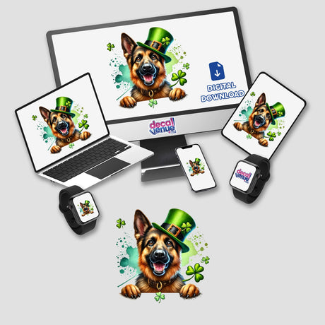 Happy St Patricks Day Irish German Shepherd design featuring a dog with a green hat on a computer monitor and laptop screen, available as stickers or digital artwork.