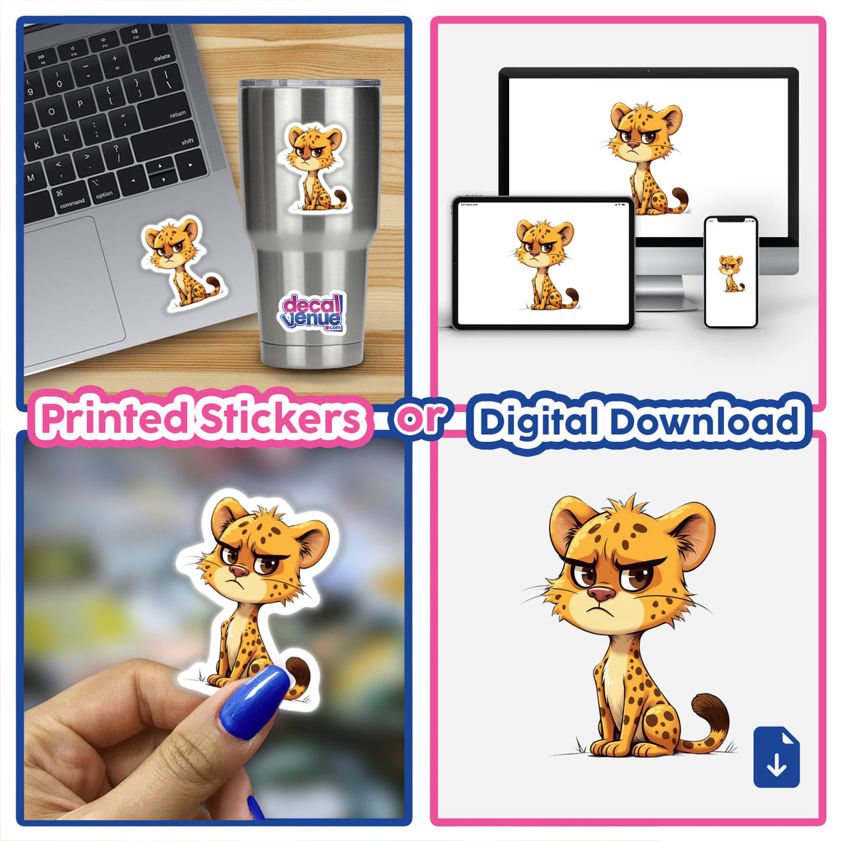 Cute Grumpy Cartoon Leopard Sitting featured as a collage, including stickers and digital artwork options, ideal for adding a playful touch to your accessories or devices.