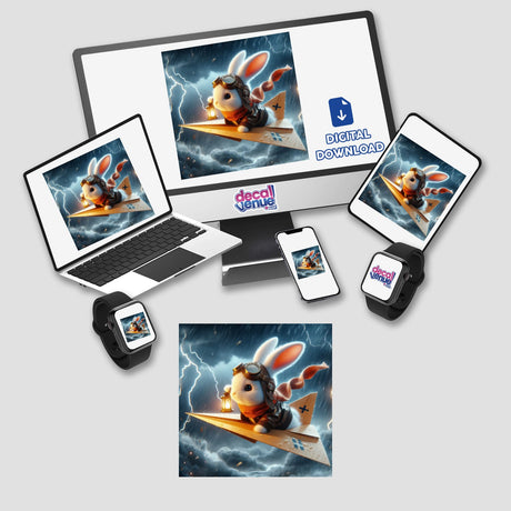 Snowflake, The Paper Aviator: Laptop and devices display cartoon rabbit flying on a paper plane. Available as stickers or digital artwork from Decal Venue, highlighting unique gadget-themed designs.