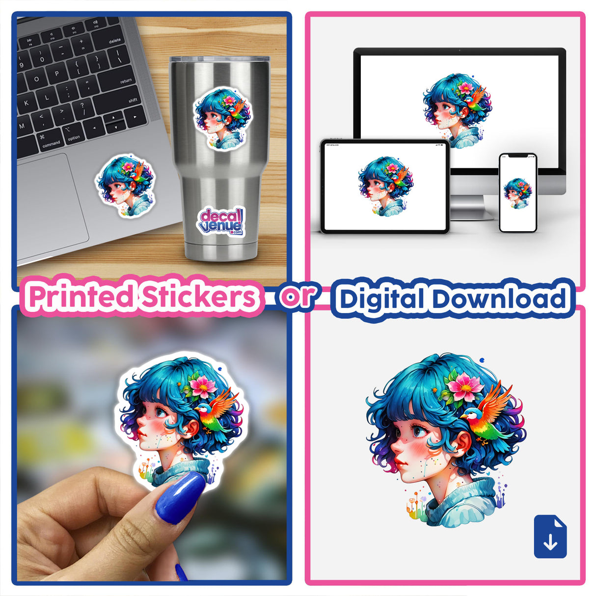 Vibrant Blue-Haired Anime Girl Sticker - Kawaii Portrait Illustration featuring a cute character with blue hair and a bird in her hair, perfect for decorating laptops or cups.