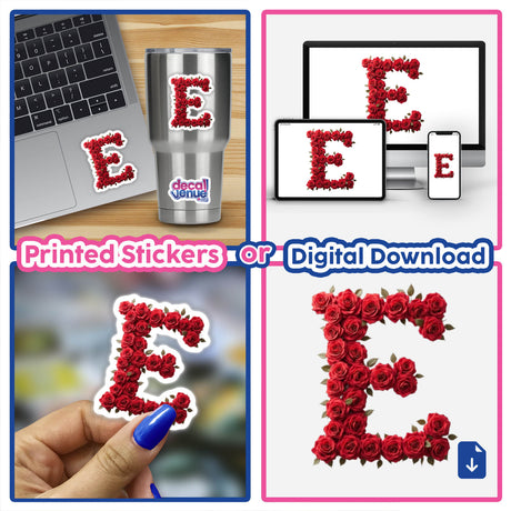 Elegant Floral Letter E Clipart - Downloadable Sticker with Commercial Rights: collage showing a computer, laptop, and a close-up of a hand holding a floral letter E sticker.