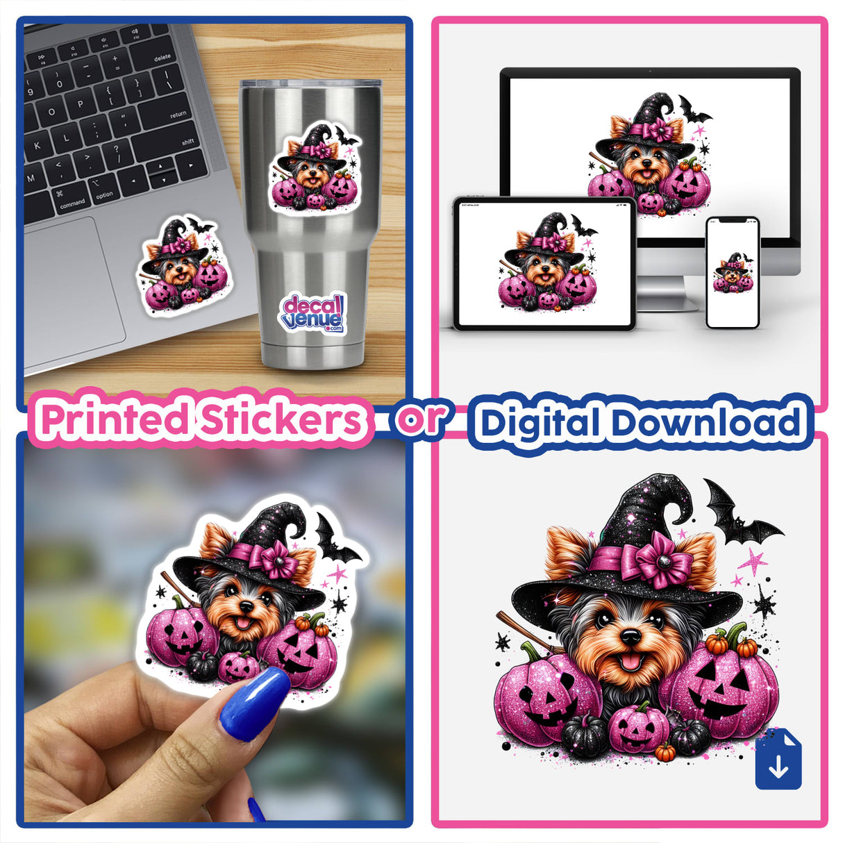 Cute Halloween glitter pumpkins with Yorkie dog digital artwork, featuring a spooky design ideal for stickers or digital downloads.