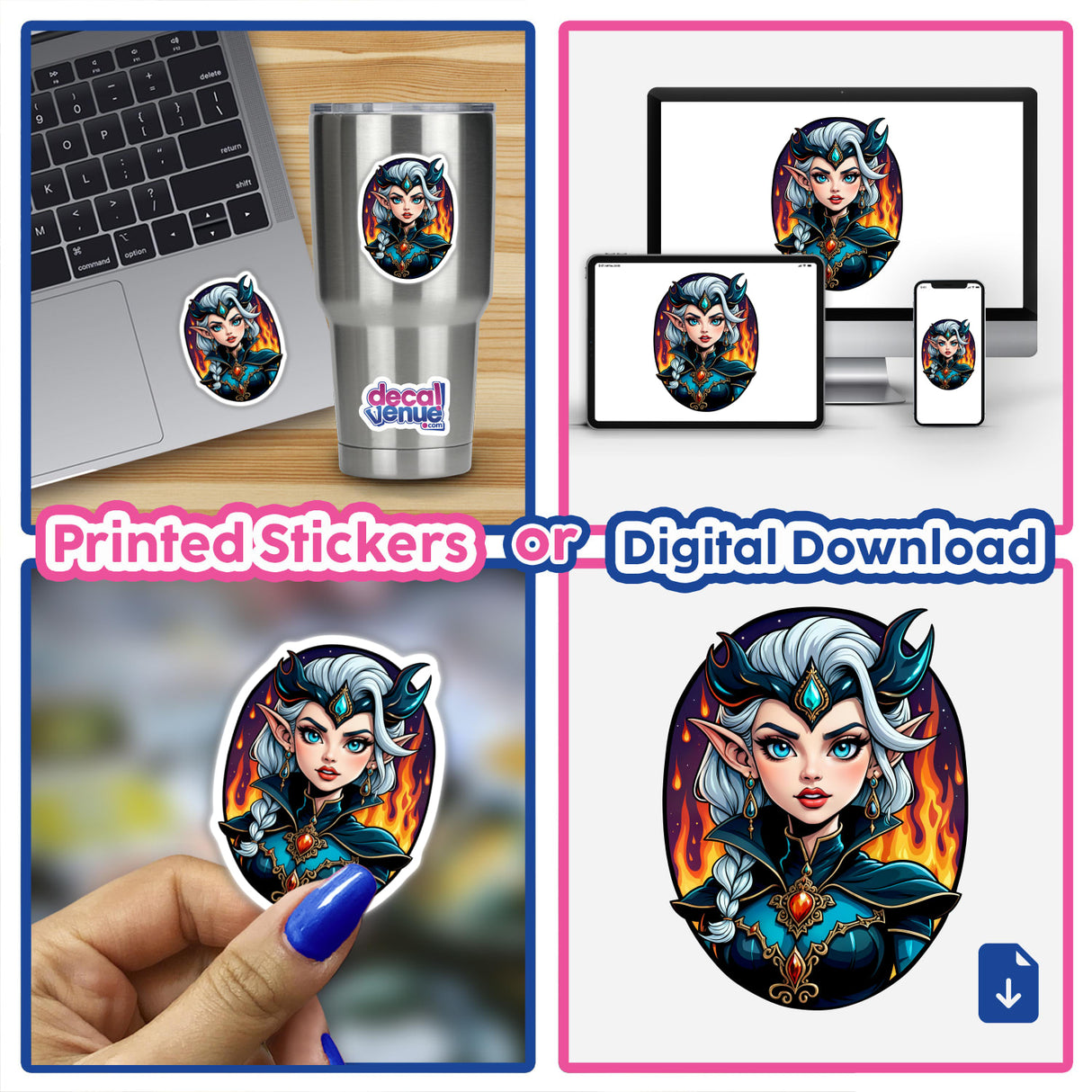 Collage featuring An Evil Queen Anime Girl as stickers and digital artwork, showcasing various poses of a cartoon woman with distinctive features, available at Decal Venue.