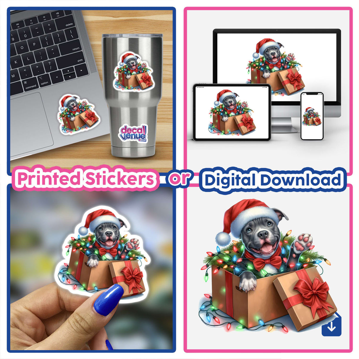 Santa Pitbull Dog in a Christmas Box V, featuring a collage of images with a dog in a festive box adorned with lights, available as stickers or digital artwork.