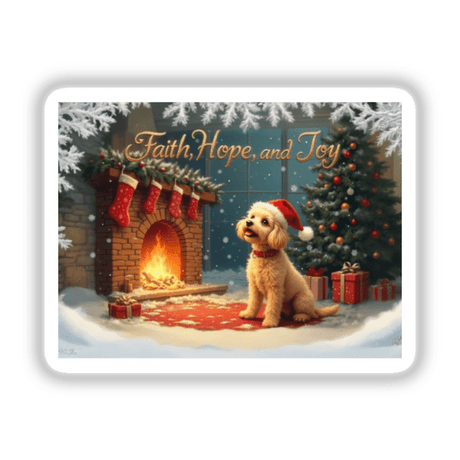 Faith, Hope, and Joy Toy Poodle Christmas Sticker and Clipart: a Santa hat-wearing dog sits by a festive fireplace with stockings and a Christmas tree, available as stickers or digital artwork.