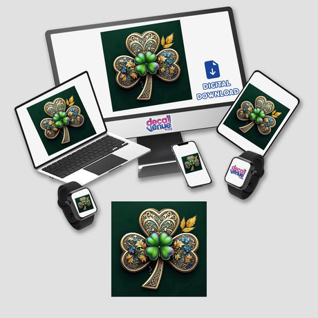 Ornate Shamrock with Golden Filigree, Celtic Patterns, and Floral Accents displayed on devices; offered as vinyl stickers or digital artwork from Decal Venue.