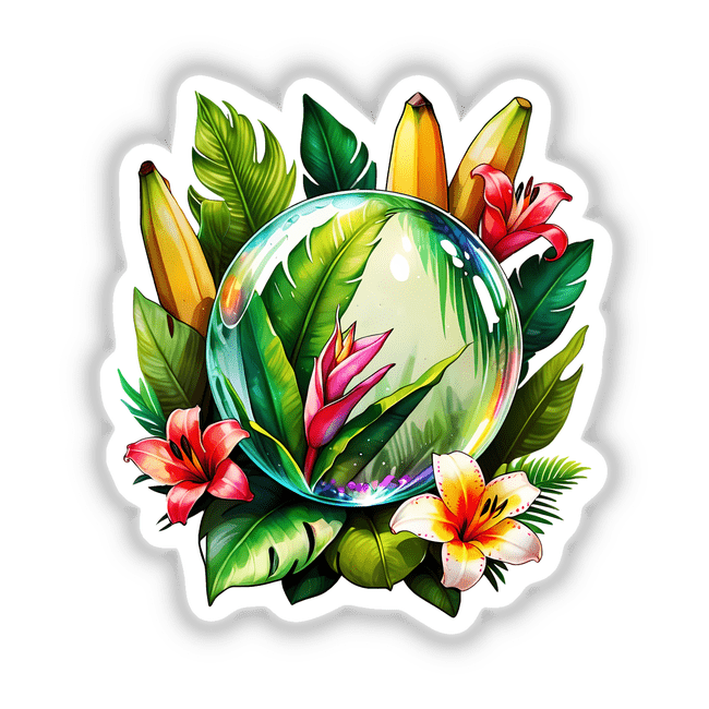 Crystal Ball Jungle Scene Sticker: Features a digital art of a glass ball surrounded by lush green plants, vibrant flowers, and tropical elements, available as stickers or digital artwork.