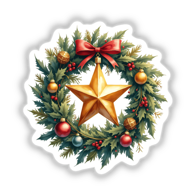 Sparkling Star Ornament in a Christmas Wreath, featuring a gold star surrounded by festive ornaments and a red bow, available as stickers or digital artwork from Decal Venue.