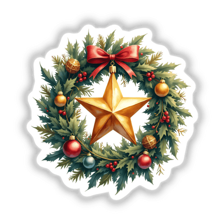 Sparkling Star Ornament in a Christmas Wreath, featuring a gold star surrounded by festive ornaments and a red bow, available as stickers or digital artwork from Decal Venue.