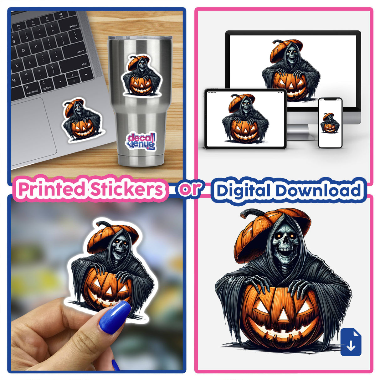 Grim Reaper peeking out of a carved pumpkin Halloween digital artwork and product mockups across various devices and surfaces.