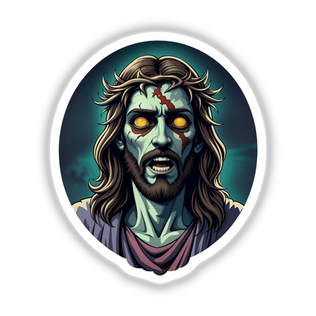 Jesus Christ as a Zombie depicted in cartoon style, featuring a bearded face with striking zombie-like elements. Available as stickers or digital artwork from Decal Venue.