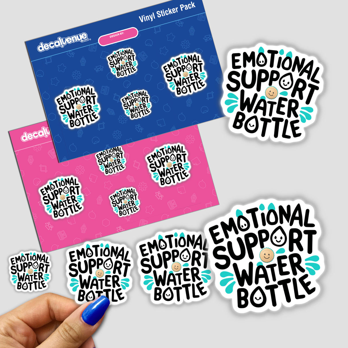 Colorful stickers showcasing the "Emotional Support Water Bottle" design, featuring playful and expressive typography against a vibrant background. The stickers are displayed on a blue and pink vinyl sticker pack, highlighting the product's digital artwork nature.