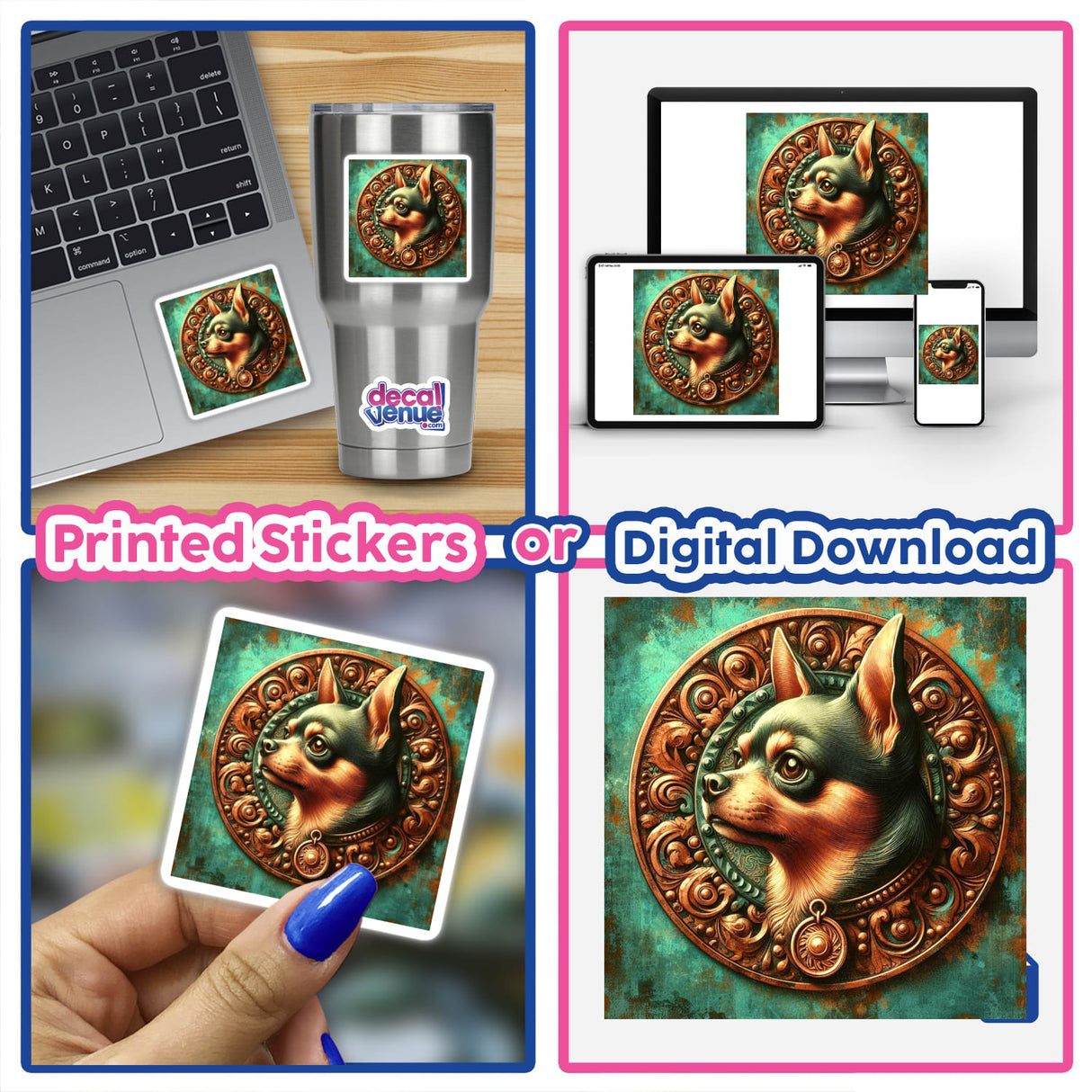 Colorful Chihuahua digital artwork featuring a vibrant, ornate medallion design on various devices, products, and in a person's hand.