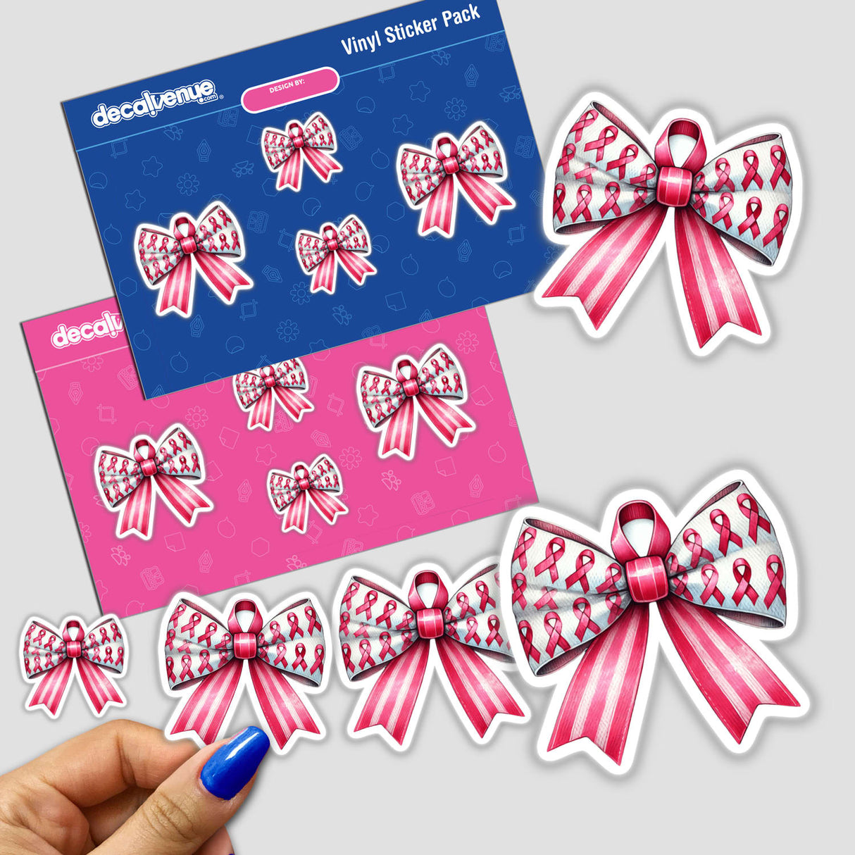 Sticker pack with pink and white bows, titled Breast Cancer Awareness Coquette Bow, featuring intricate ribbon designs. Available as stickers or digital artwork from Decal Venue.