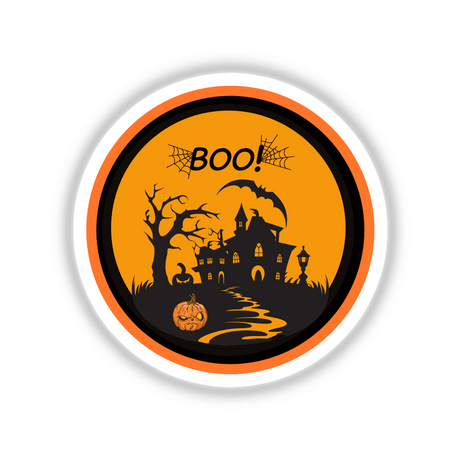 Halloween Boo sticker or digital artwork with a cartoon pumpkin, spider web, and black tree silhouette.