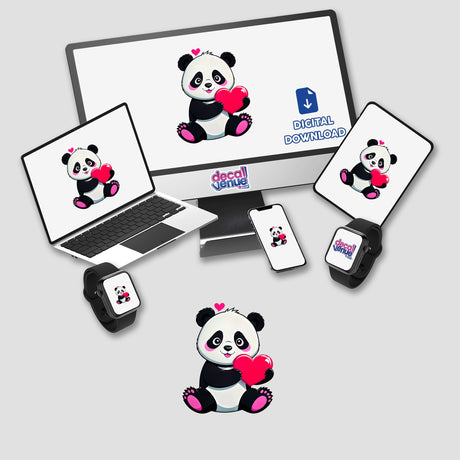 A Cute Panda Bear With Love Hearts featured on a computer monitor and laptop, available as stickers or digital artwork, showcasing a cartoon panda holding a heart.