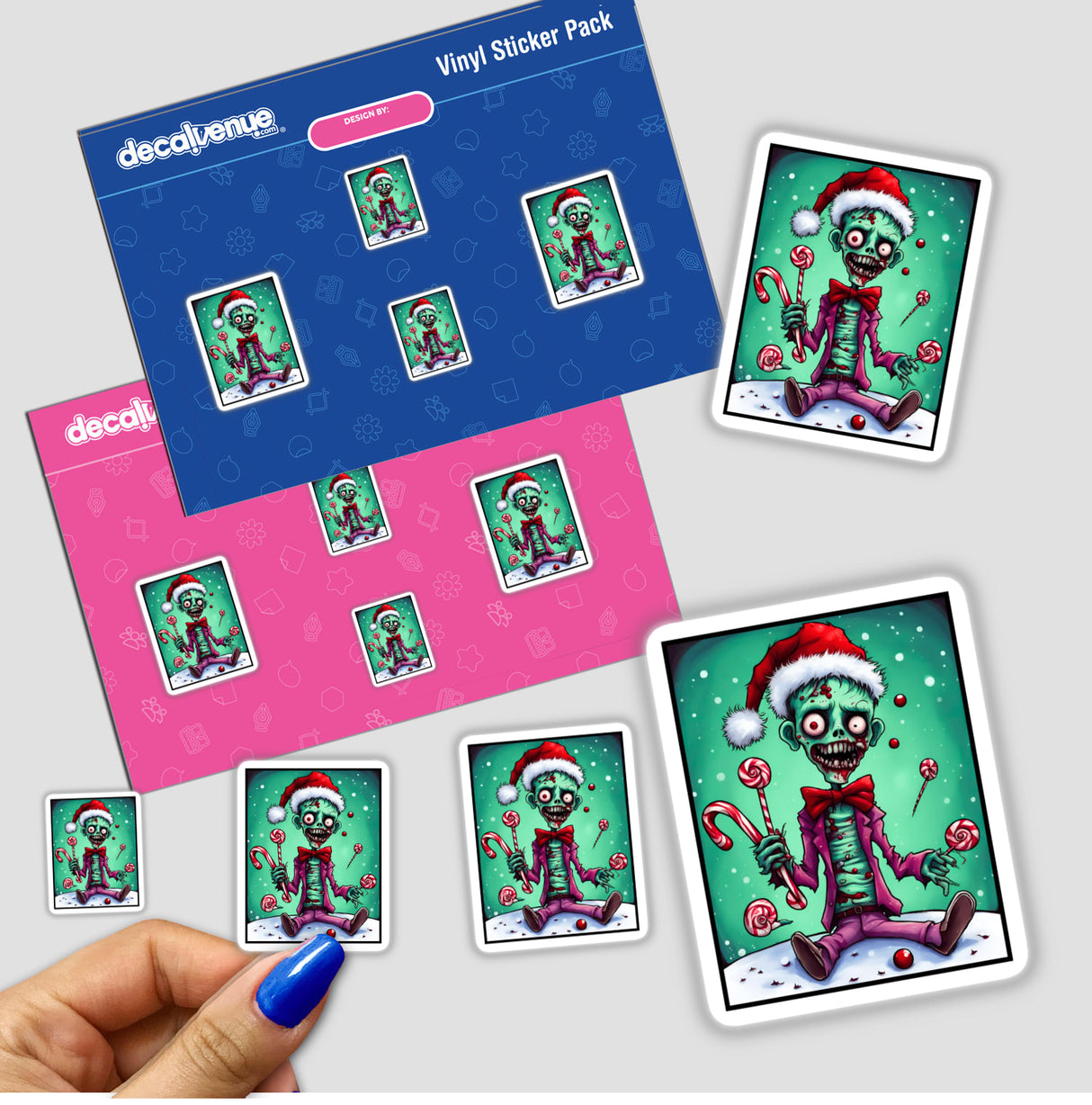 Zombie Christmas Photoshoot stickers featuring cartoon zombies holding candy, ideal for unique gifting or decoration. Available as stickers or digital artwork from Decal Venue's exclusive collection.