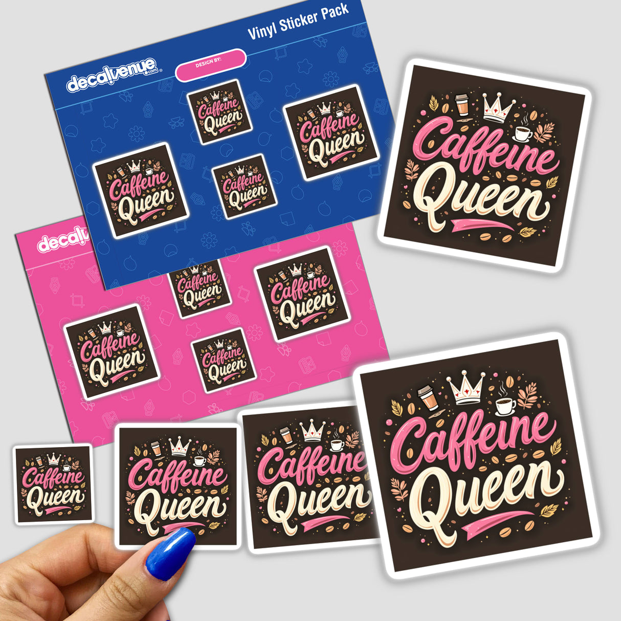 Hand holding Caffeine Queen Sticker pack, featuring fun coffee clipart for espresso lovers and coffee queens, highlighting unique sticker designs from Decal Venue's collection of creative stickers and digital art.