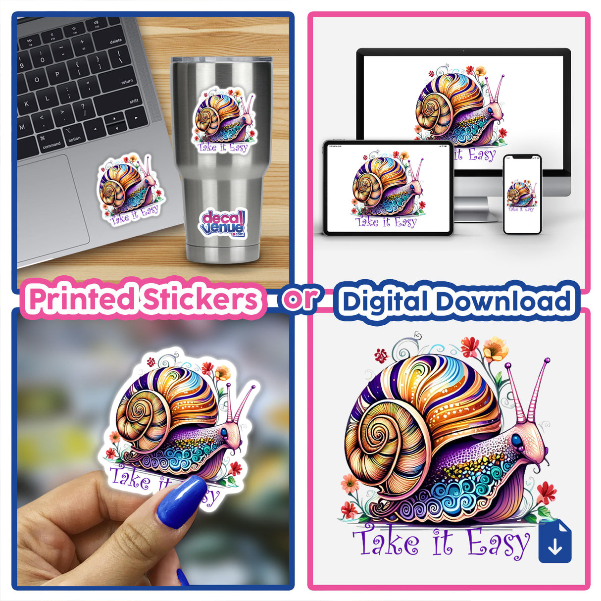 Colorful digital artwork featuring a whimsical snail design with the title "Take It Easy" on various products and digital screens from the Decal Venue store.