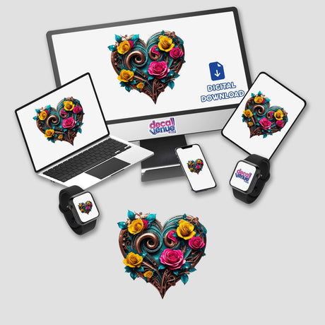 Bronze Swirl Floral Heart with Yellow and Pink Roses displayed on a computer monitor and laptop screen, emphasizing the intricate floral design available as stickers or digital artwork from Decal Venue.