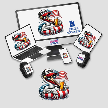 White Pelican American Flag Float Merica: A cartoon pelican wearing a hat and sunglasses, holding a beer, displayed on a computer monitor and laptop, available as stickers or digital artwork.