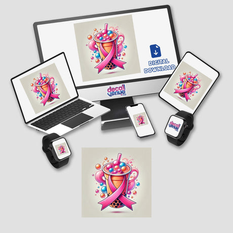 Boba Tea Pink Ribbon Breast Cancer Awareness digital artwork featuring a computer monitor and laptop, both displaying a pink ribbon, available as stickers or digital art.