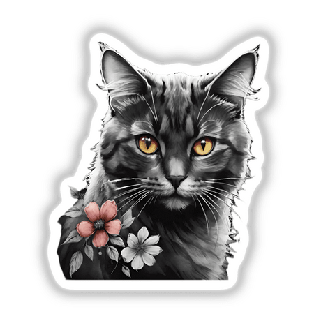 Cat Portrait Floral Accents PA09 featuring a cat with flowers on its head and chest, available as stickers or digital artwork.