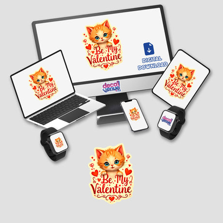 Be My Valentine Valentine's Day Kitten sticker on laptop and monitor, featuring a cartoon cat with hearts, available as stickers or digital artwork from Decal Venue.