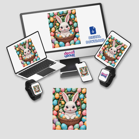 A Cute Easter Bunny In A Basket With Eggs displayed on a computer monitor and laptop, representing unique vinyl stickers or digital artwork available at Decal Venue.