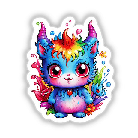 Cute devil cartoon character with vibrant features, including big eyes, playful expressions, and whimsical details, available as stickers or digital artwork.