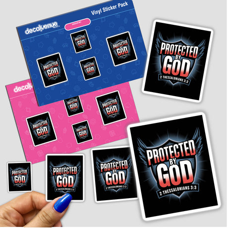 Hand holding 'Protected by God' Christian Sticker, featuring 2 Thessalonians 3:3 Bible Verse, available as a sticker or digital artwork with commercial rights from Decal Venue.