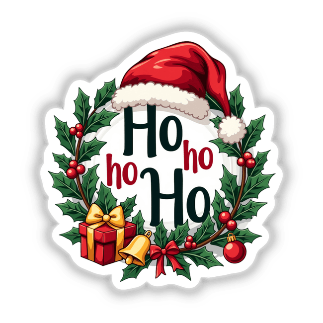 Vintage Christmas Wreath with Santa Hat featuring a festive wreath adorned with a bell, a Santa hat, and a red bow, available as stickers or digital artwork.