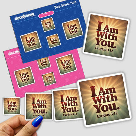 Hand holding I Am With You – Exodus 3:12 Christian sticker or clipart, highlighting text design. Available for purchase as a sticker or digital artwork with commercial rights.